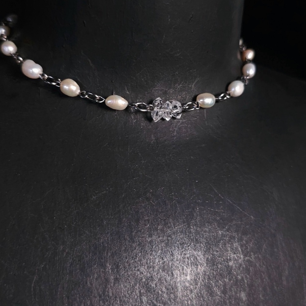 Handmade Freshwater Pearl and Clear Crystal Choker Necklace Herkimer diamond